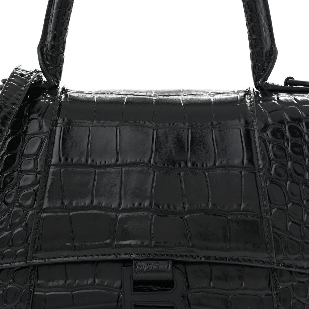 Shiny Calfskin Monochrome Crocodile Embossed Small Hourglass Top Handle Bag Black