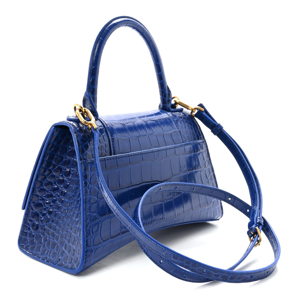 Shiny Calfskin Crocodile Embossed Small Hourglass Top Handle Bag Indigo