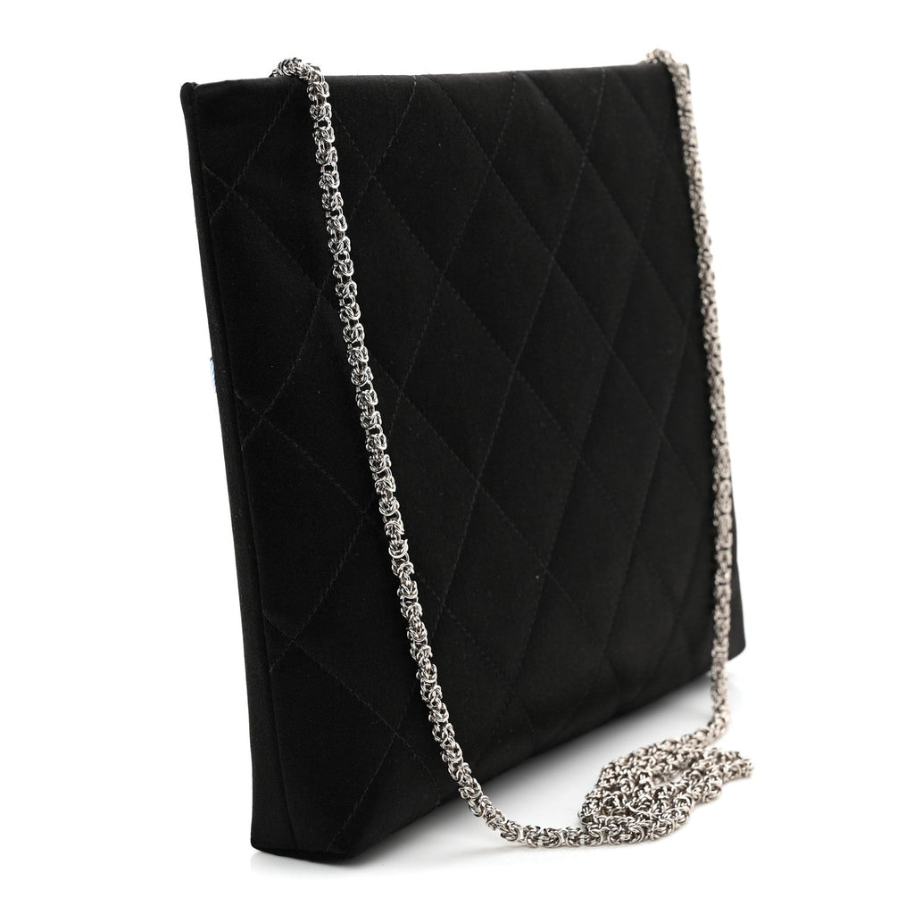 Satin Sequin Pearl Crystal Roller Skate Quilted Clutch With Chain Black Multicolor