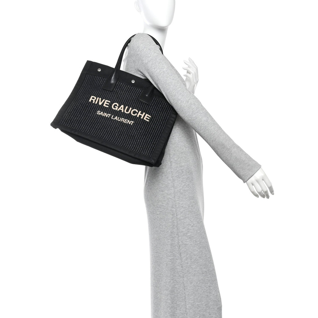 Raffia Linen Calfskin Small Rive Gauche Tote Black