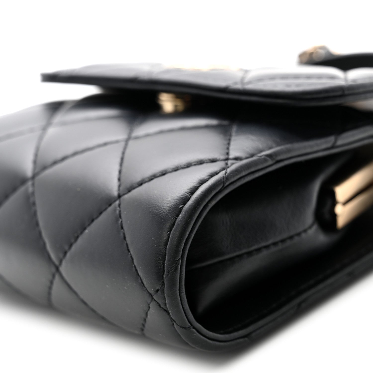 Lambskin Quilted Kiss Lock Top Handle Flap Clutch With Chain Black