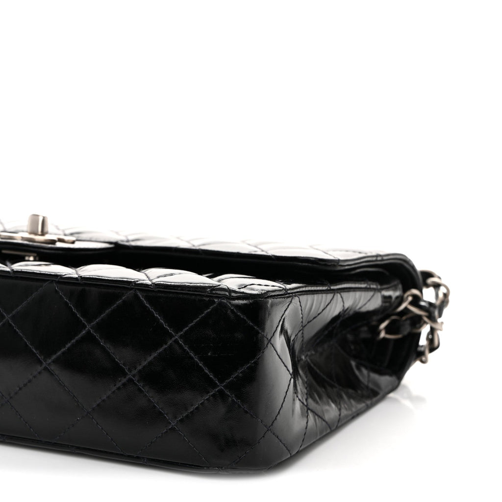Glazed Calfskin Quilted Medium Double Flap Black
