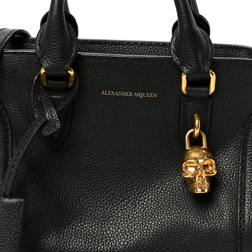 Pebbled Calfskin Mini Skull Padlock Zip Around Tote Black