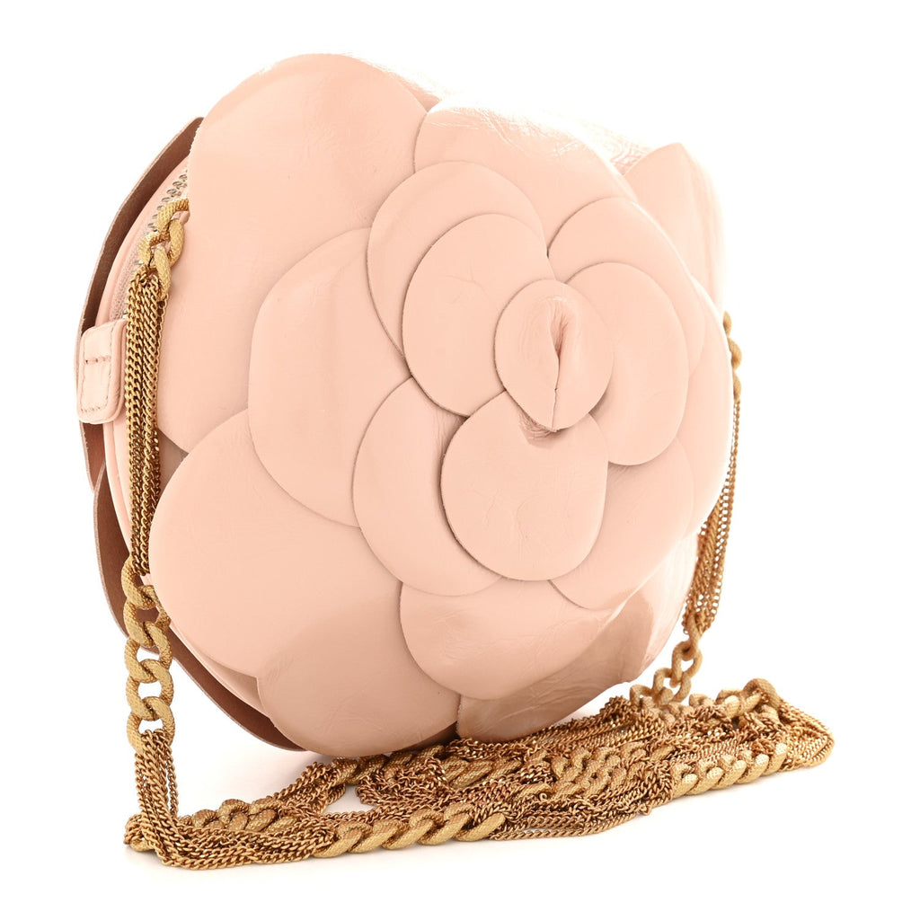 Patent Lambskin Camellia Bouquet Clutch With Chain Light Pink