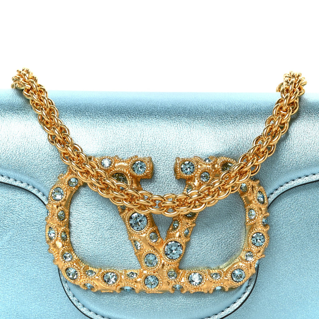 Laminated Calfskin Crystal Vlogo Small Shoulder Bag Blue
