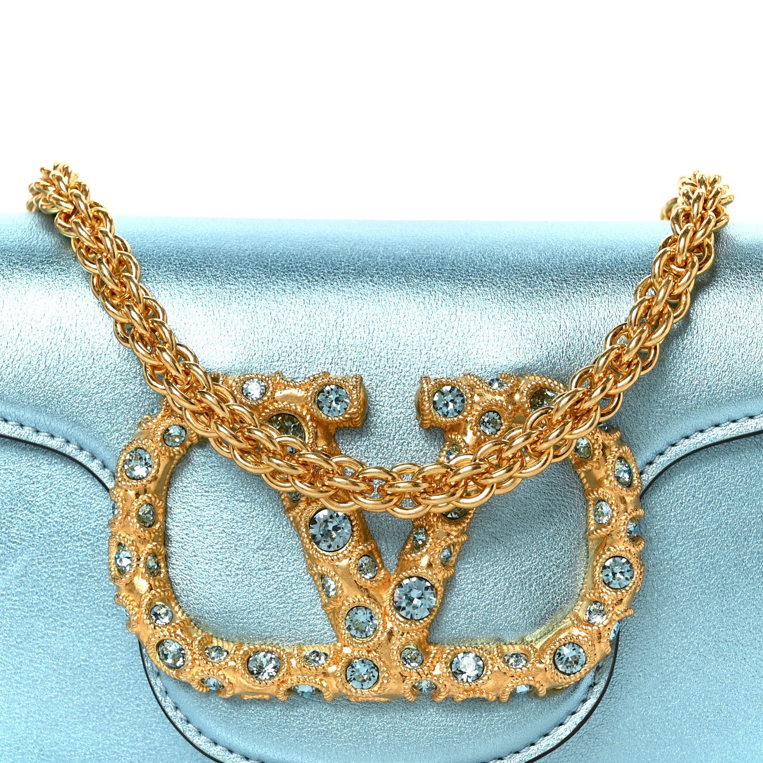 Laminated Calfskin Crystal Vlogo Small Shoulder Bag Blue