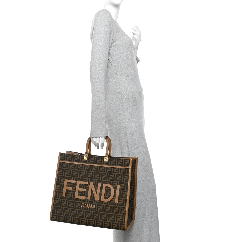 Fabric Jacquard FF 1974 Logo Large Fendi Sunshine Shopper Tote Tobacco Moro Sand