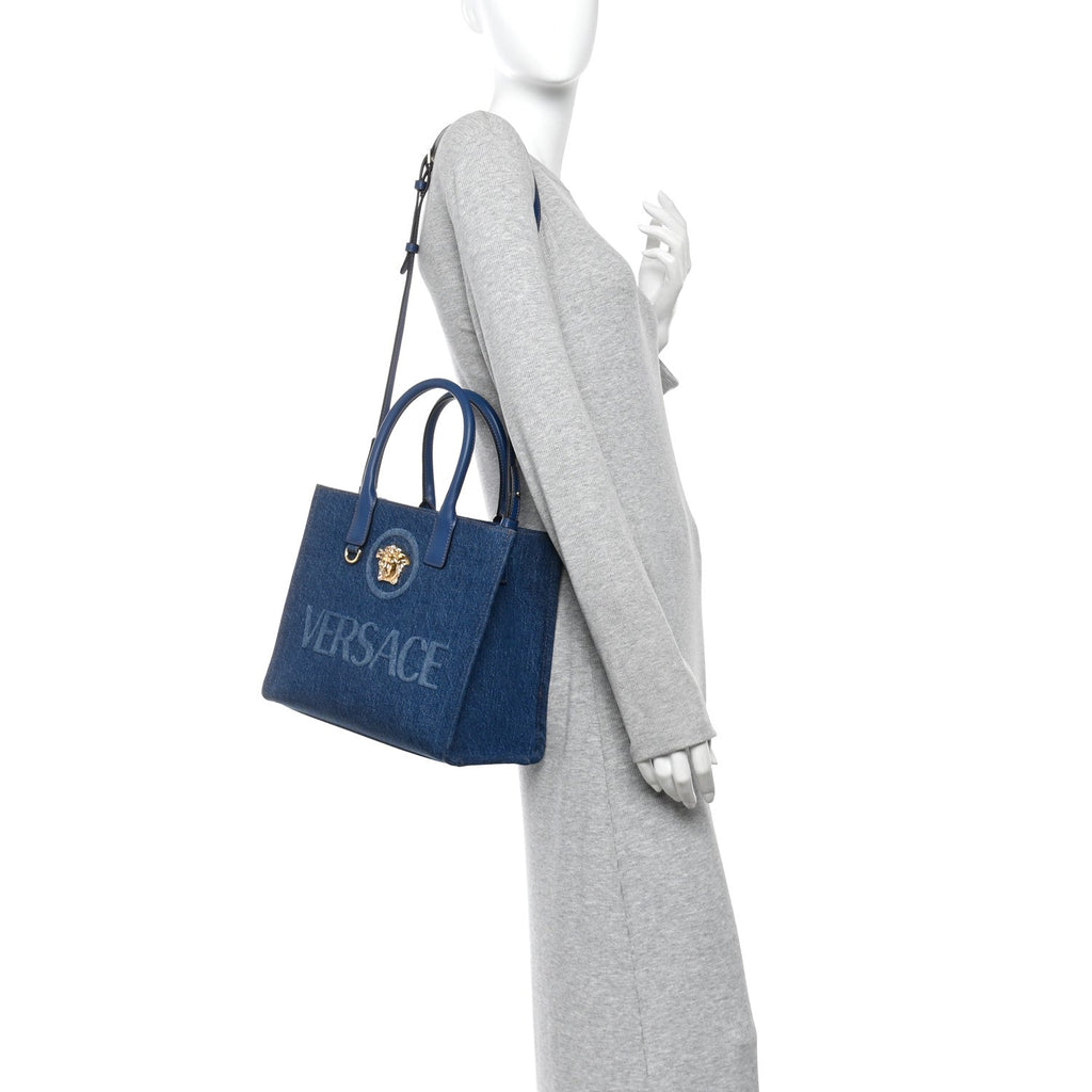 Denim Calfskin La Medusa Small Tote Bag Blue