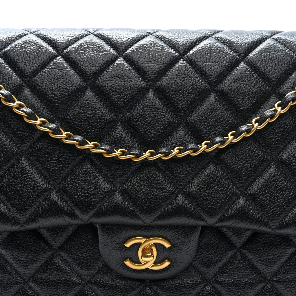 Grained Calfskin Quilted XXL Travel Flap Bag Black