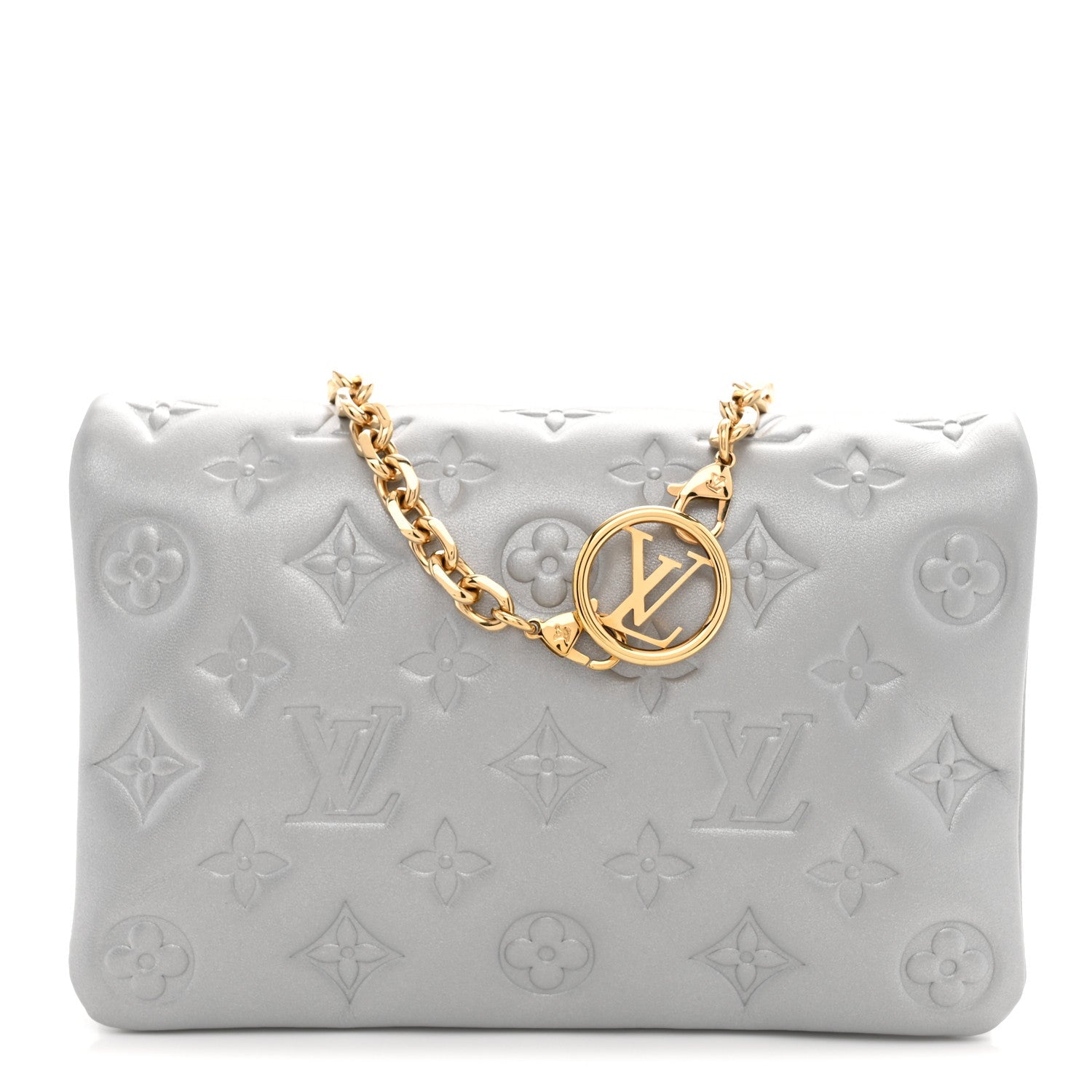 Metallic Lambskin Embossed Monogram Pochette Coussin Silver
