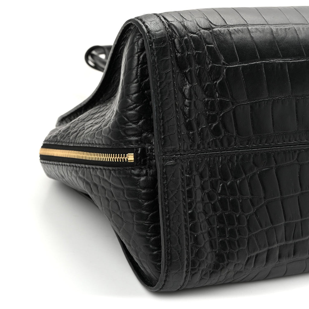 Calfskin Crocodile Embossed Large Skull Padlock Zip Around Tote Black
