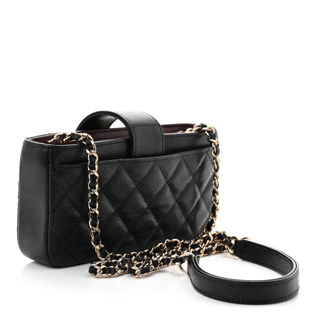 Caviar Quilted Business Affinity Phone Holder With Chain Black