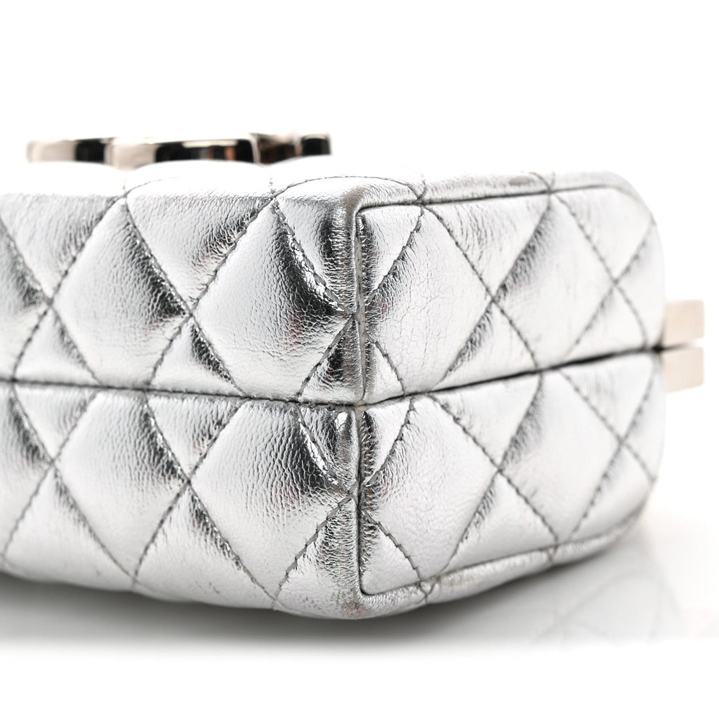 Metallic Calfskin Quilted Box Crossbody Silver
