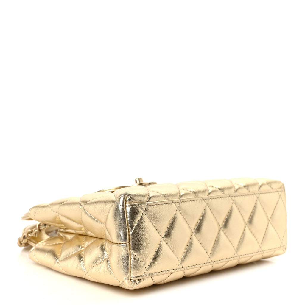 Metallic Shiny Aged Calfskin Quilted Nano Kelly Shopper Gold
