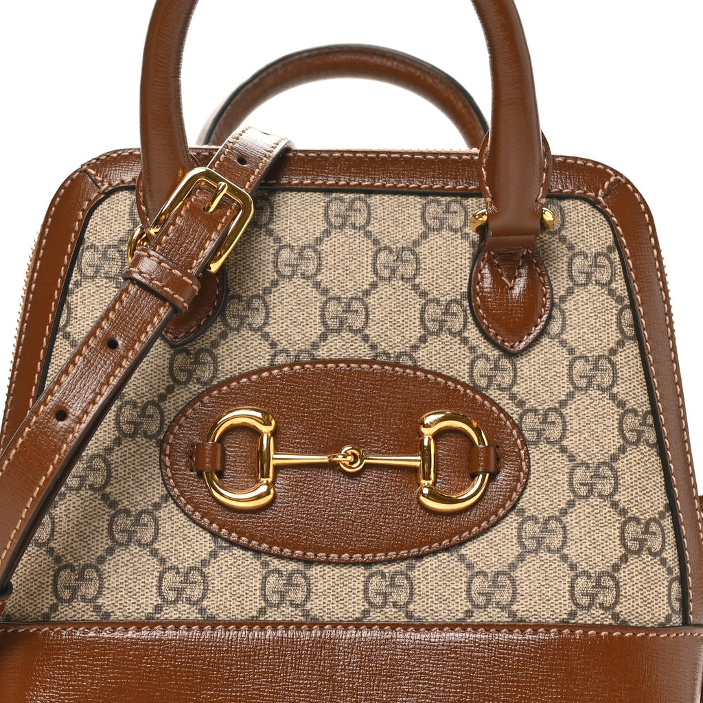 GG Supreme Monogram Azalea Calfskin Mini Horsebit 1955 Top Handle Bag Beige Ebony Brown Sugar