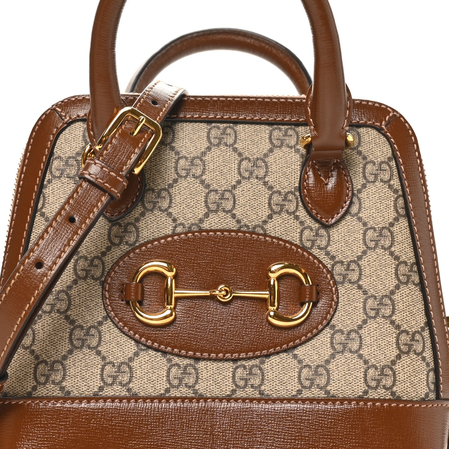 GG Supreme Monogram Azalea Calfskin Mini Horsebit 1955 Top Handle Bag Beige Ebony Brown Sugar