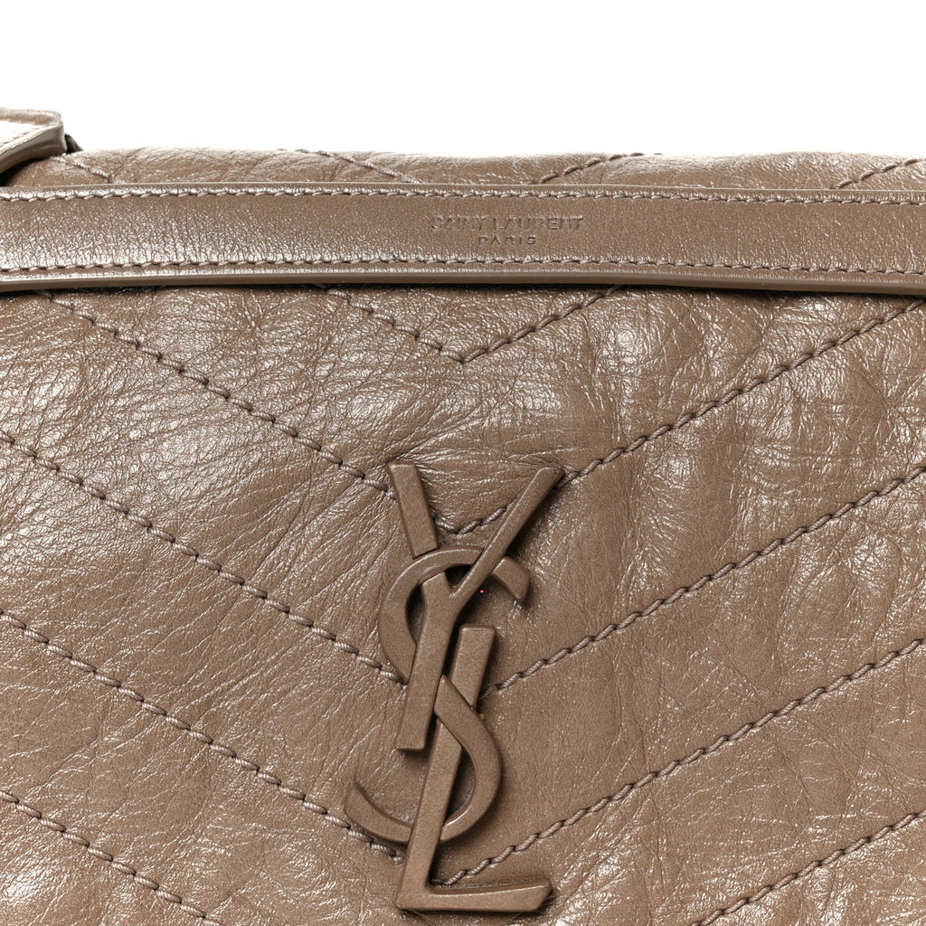 Crinkled Calfskin Matelasse Monogram Medium Niki Chain Satchel Greyish Brown