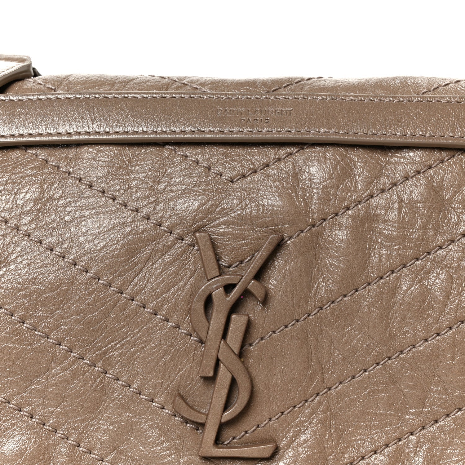 Crinkled Calfskin Matelasse Monogram Medium Niki Chain Satchel Greyish Brown