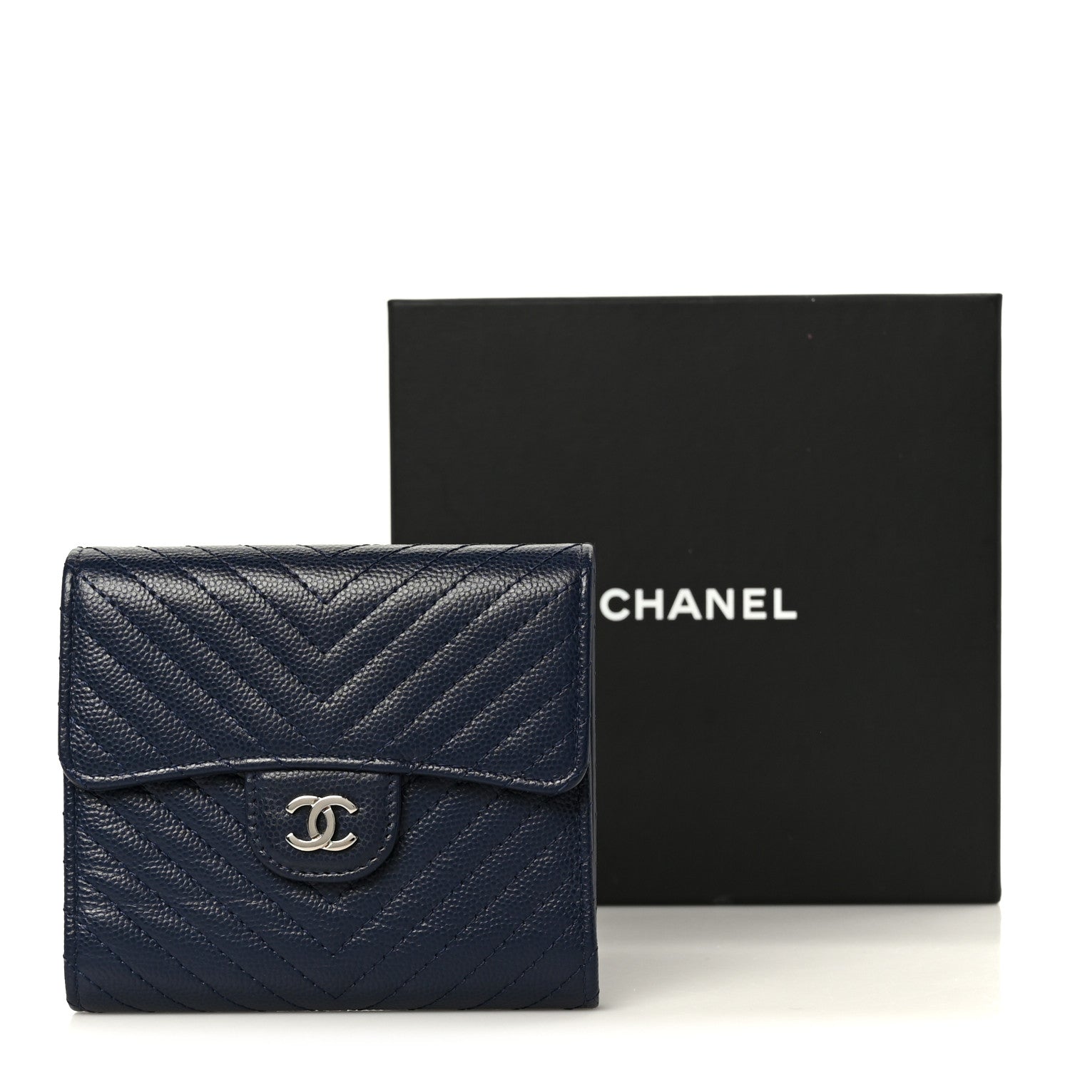 Caviar Chevron Quilted Compact Flap Wallet Navy