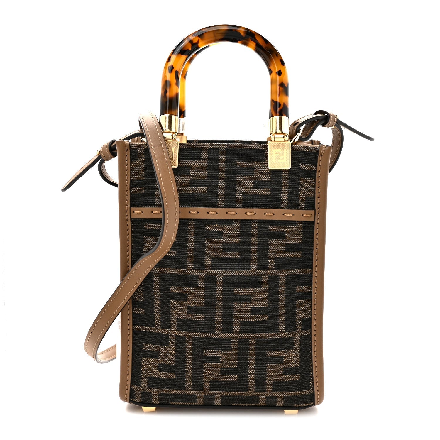 Fabric Jacquard Vitello King Plexiglass FF 1974 Mini Fendi Sunshine Shopper Tote Tobacco Moro Sand