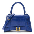 Shiny Calfskin Crocodile Embossed Small Hourglass Top Handle Bag Indigo