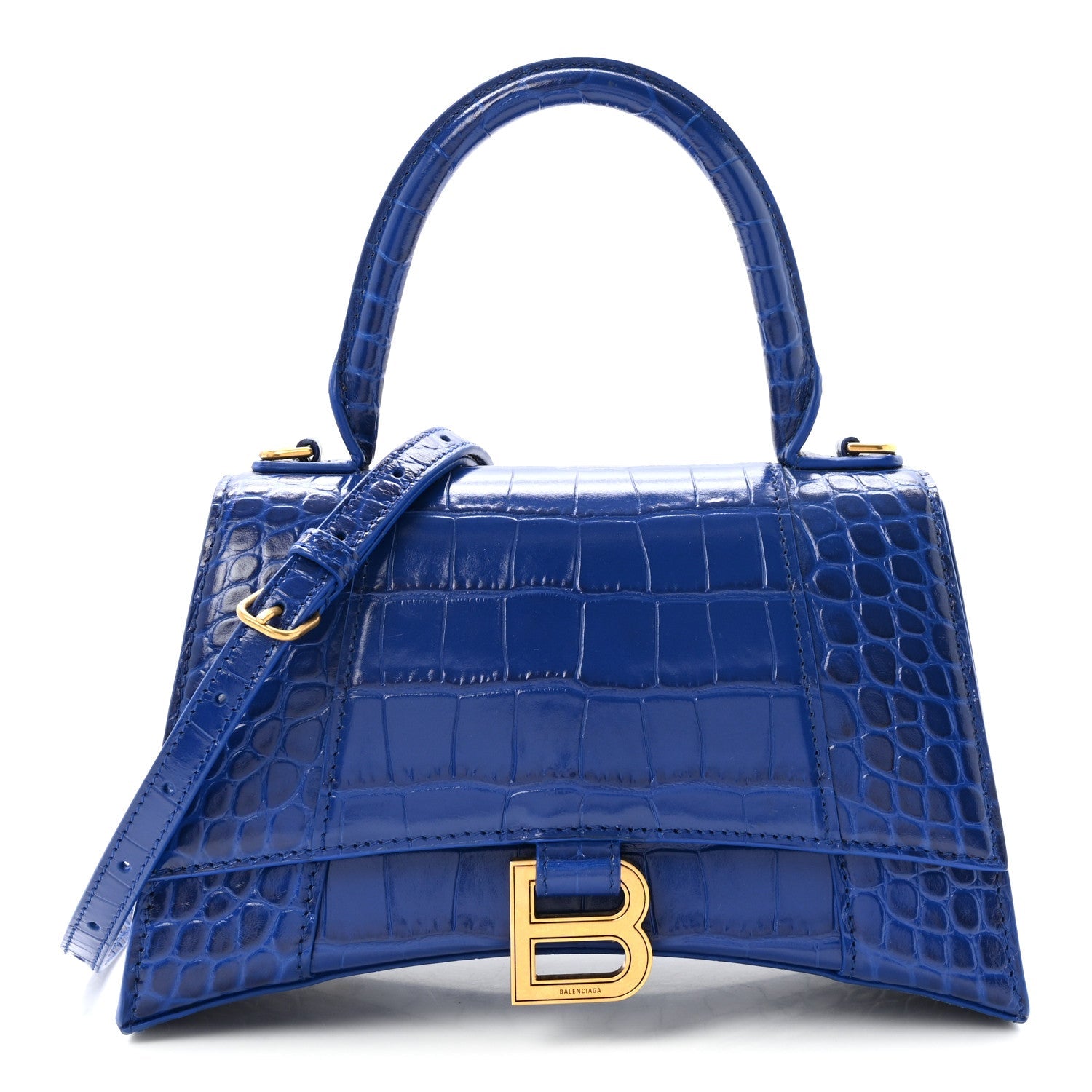 Shiny Calfskin Crocodile Embossed Small Hourglass Top Handle Bag Indigo