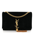 Suede Medium Classic Monogram Kate Tassel Satchel Black