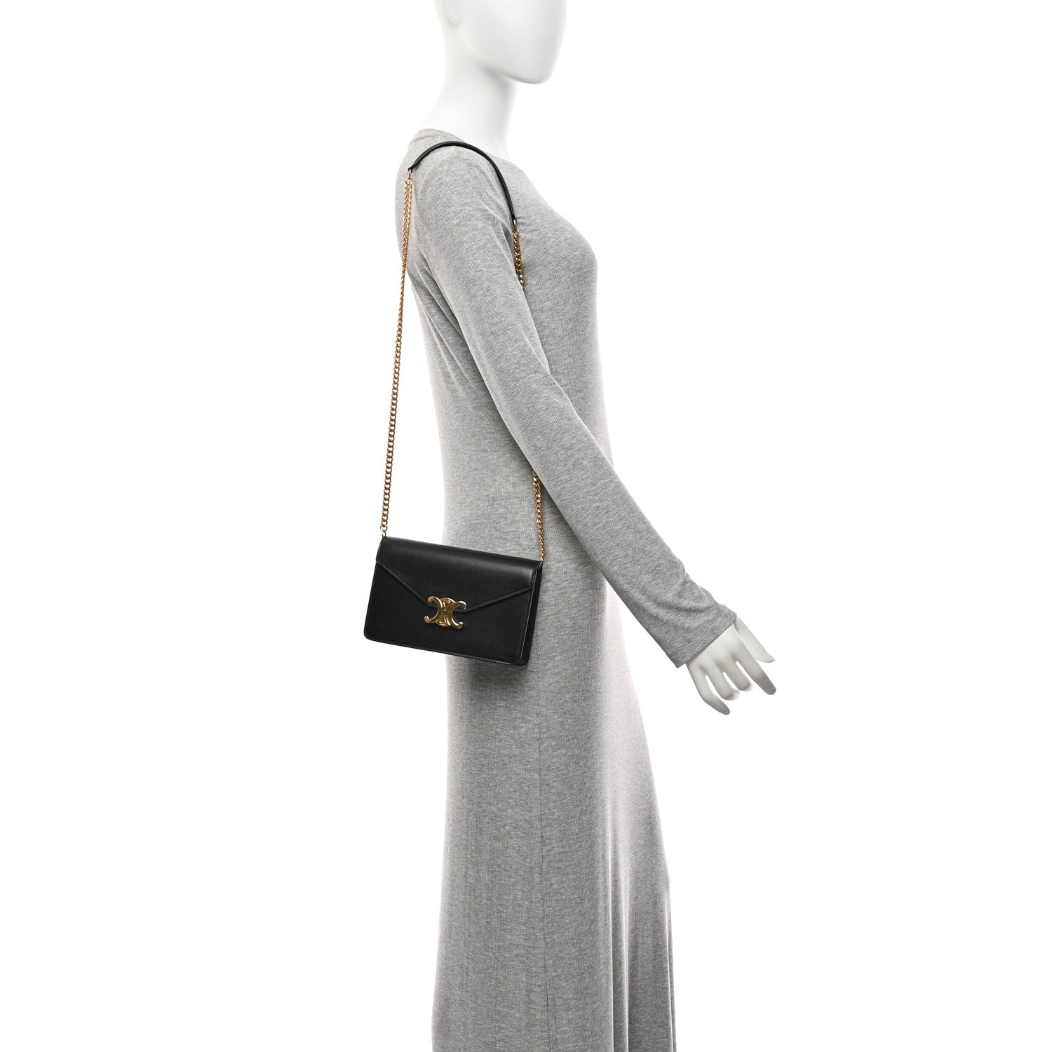 Shiny Calfskin Triomphe Margo Wallet on Chain Black