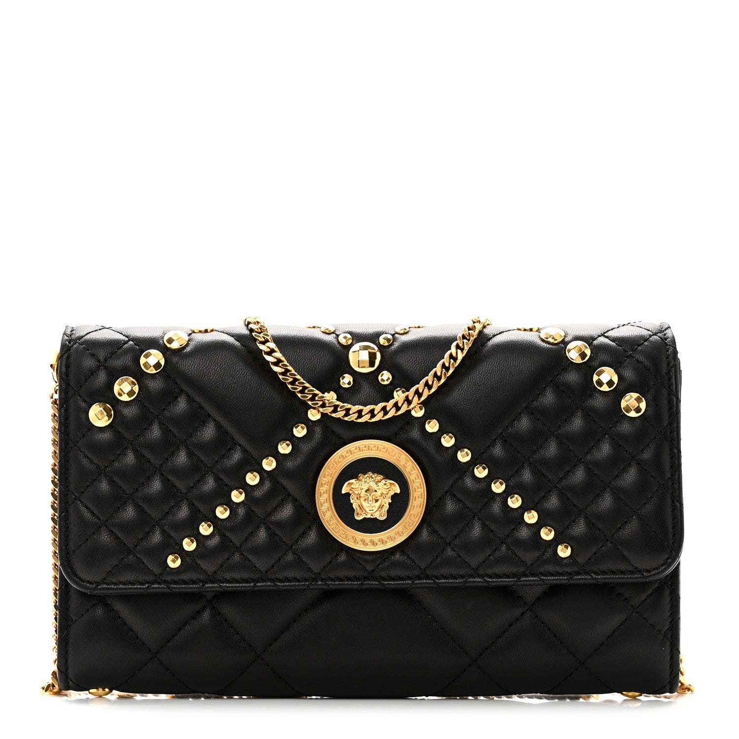 Lambskin Studded Quilted Medusa Wallet on Chain Crossbody Black Gold
