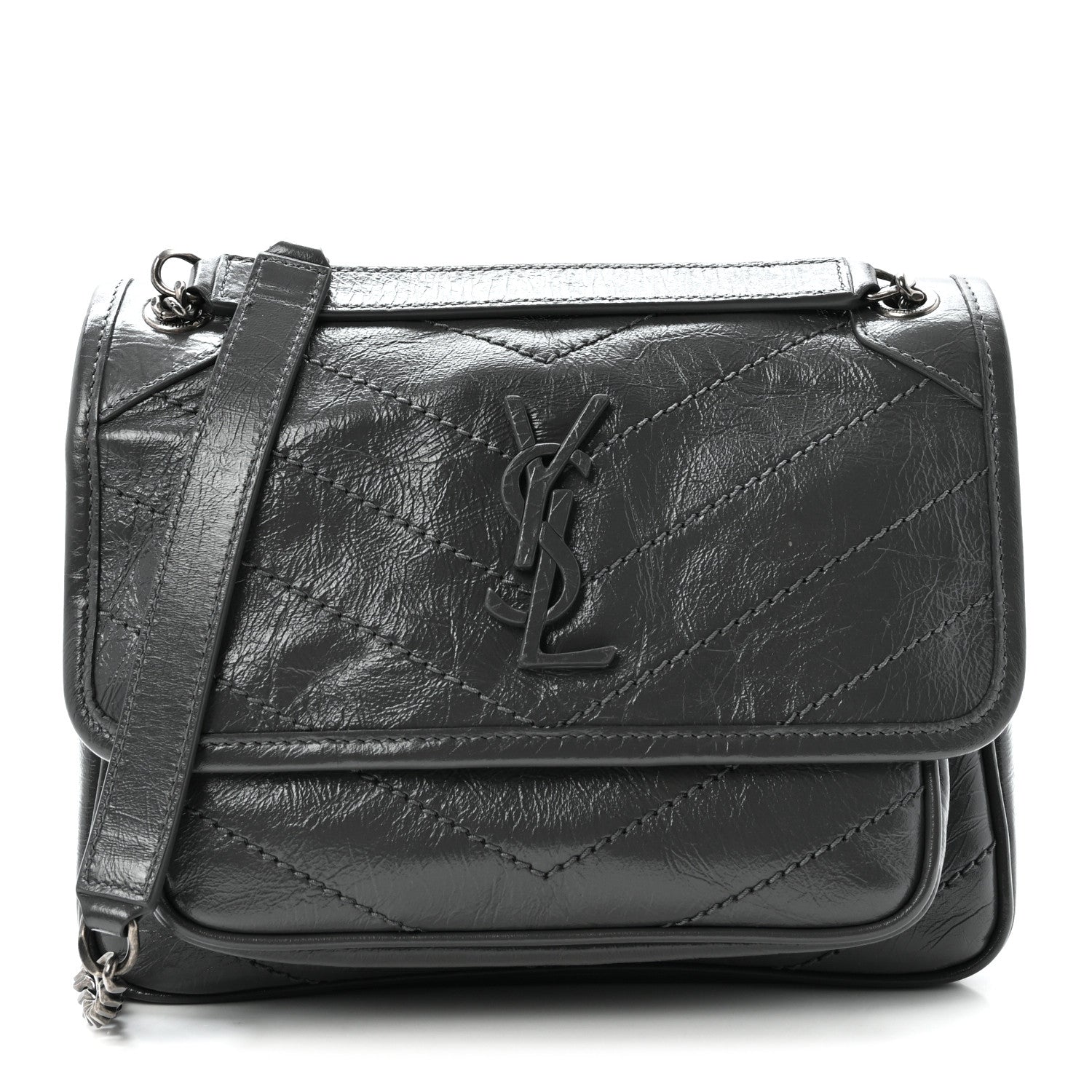 Crinkled Calfskin Matelasse Monogram Baby Niki Chain Satchel Storm