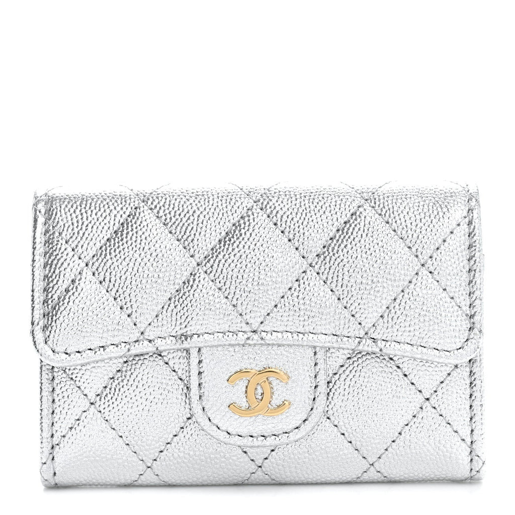 Metallic Caviar Quilted Flap Card Holder Wallet Silvery