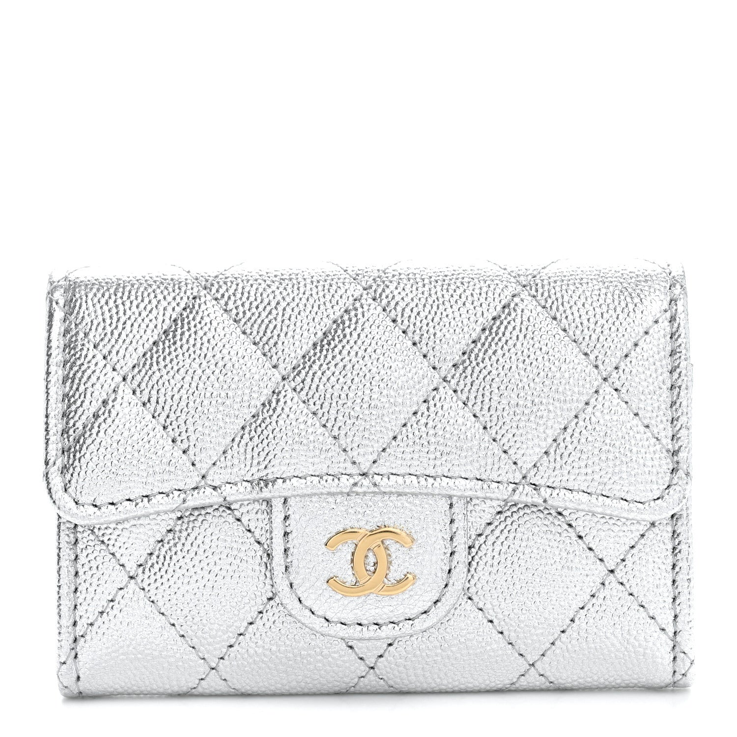Metallic Caviar Quilted Flap Card Holder Wallet Silvery