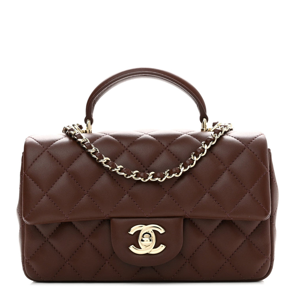 Lambskin Quilted Mini Top Handle Rectangular Flap Dark Brown