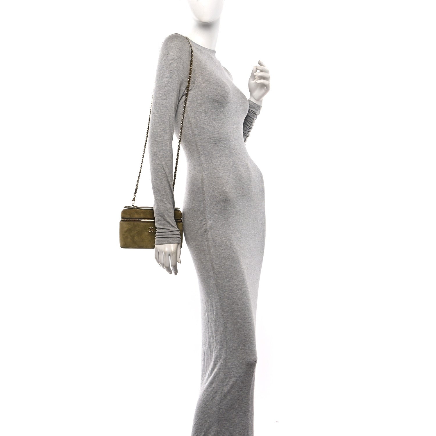 Suede Calfskin Top Handle Slim Vanity Case With Chain Dark Khaki