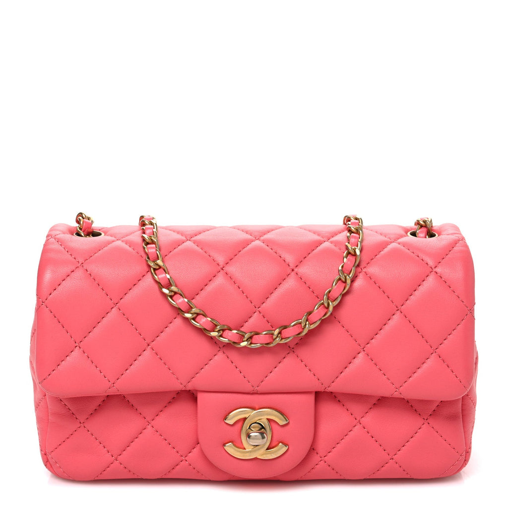 Lambskin Quilted Pearl Crush Mini Rectangular Flap Pink