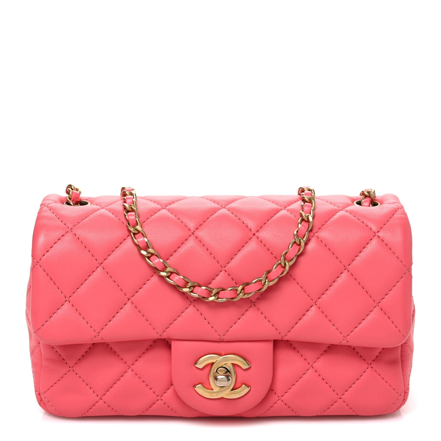 Lambskin Quilted Pearl Crush Mini Rectangular Flap Pink