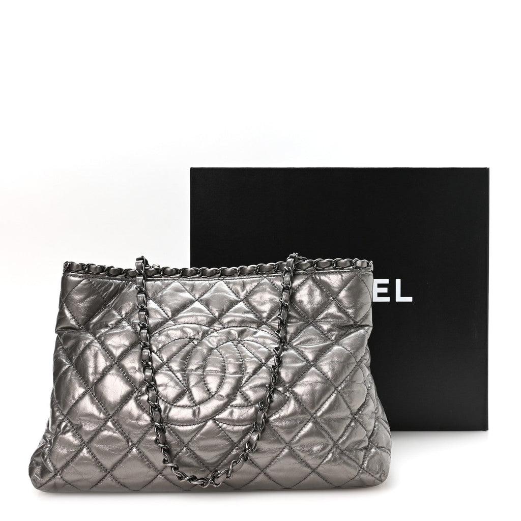 Metallic Calfskin Small Chain Me Tote Silver