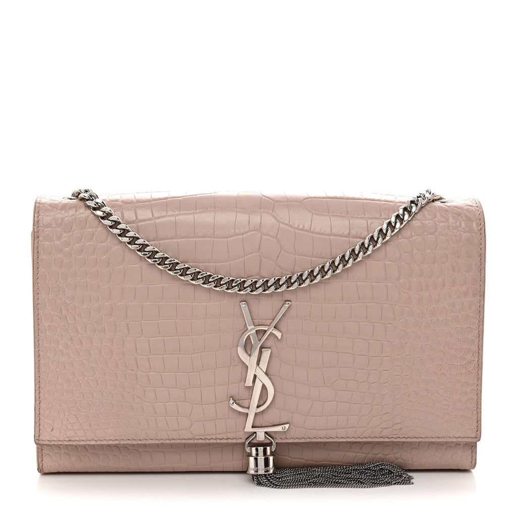 Calfskin Crocodile Embossed Medium Classic Monogram Kate Tassel Satchel Powder Pink