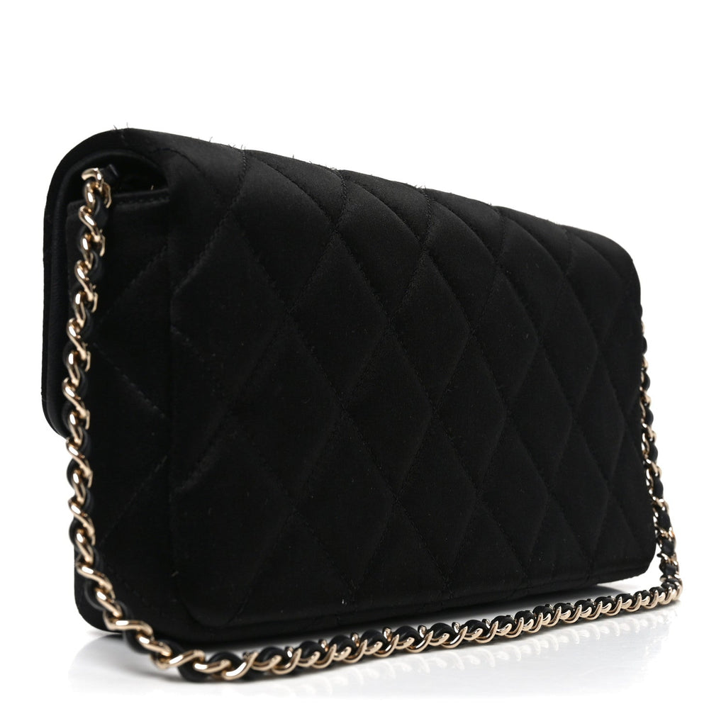 Satin Quilted Pearl CC Flap Clutch Black