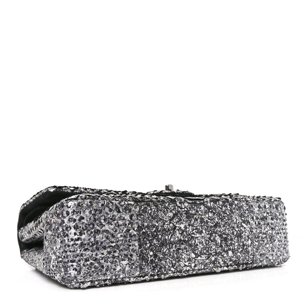 Metallic Snakeskin Medium Double Flap Black Silver