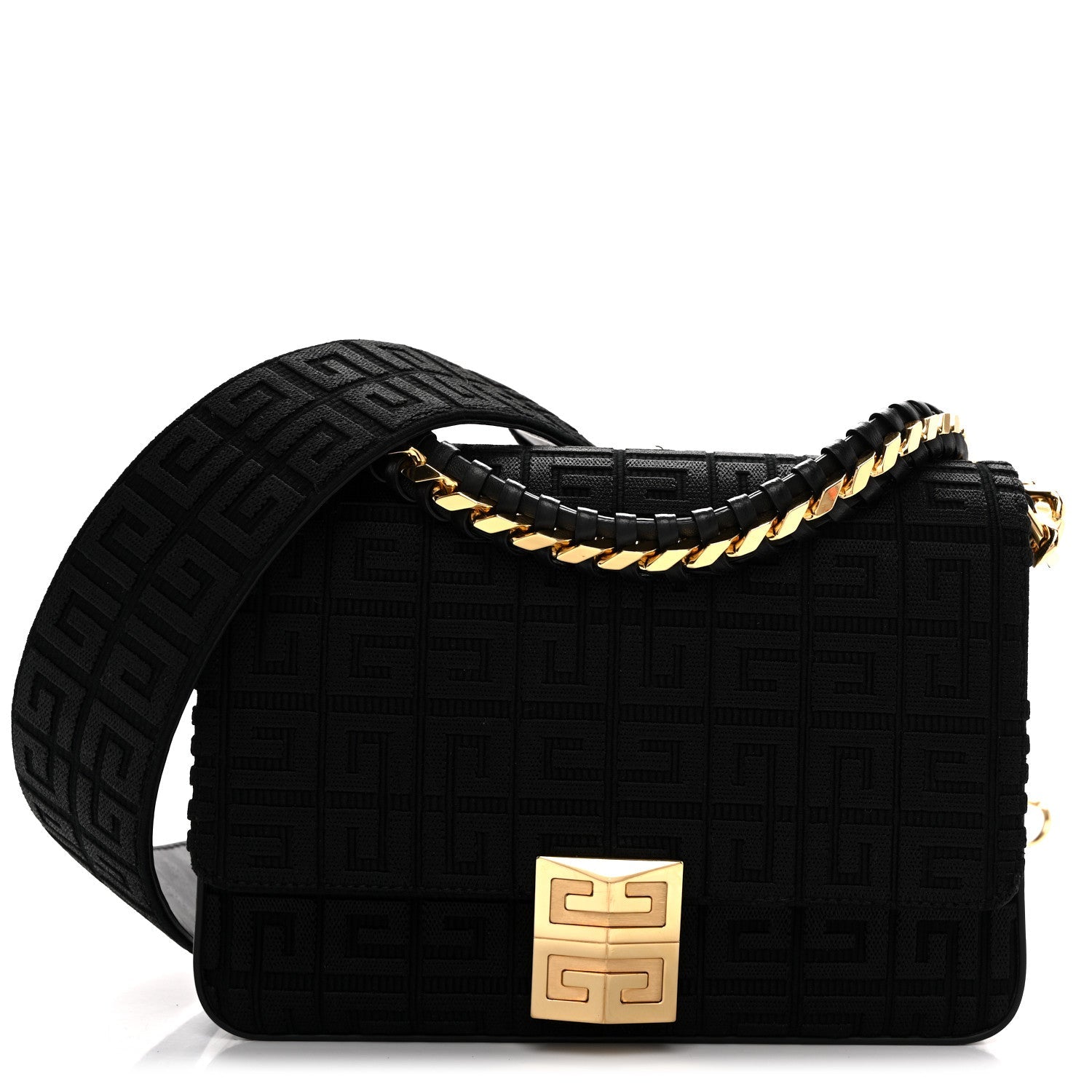 Canvas Woven Embroidered Medium 4G Bag With Chain Black