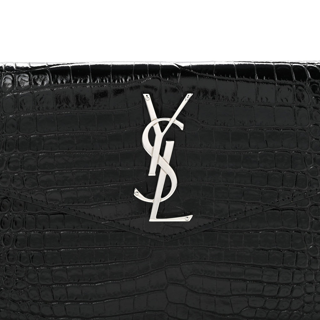 Calfskin Crocodile Embossed Uptown Monogram Clutch Black