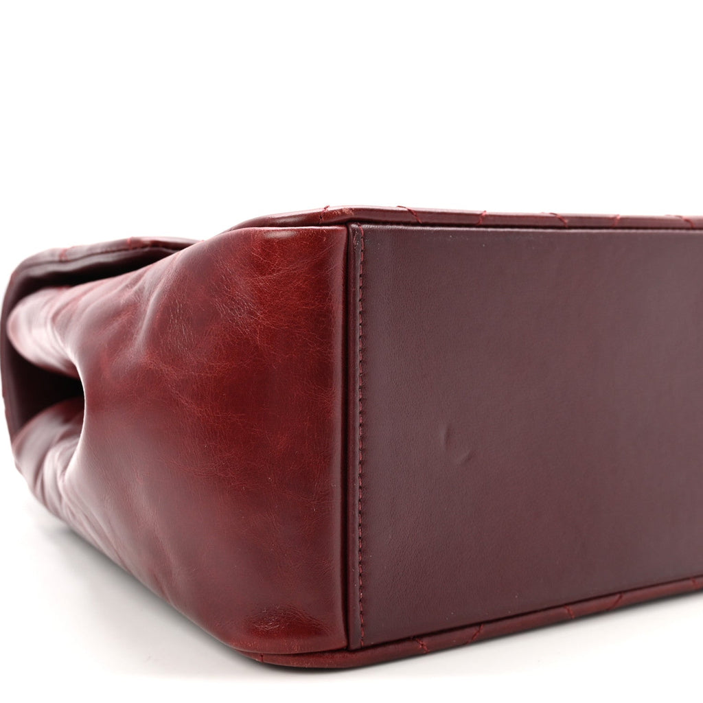 Glazed Calfskin Quilted Large Gold Bar Top Handle Flap Burgundy