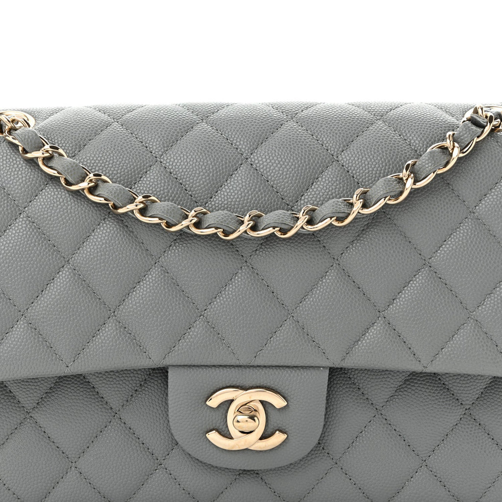 Caviar Quilted Medium Double Flap Grey