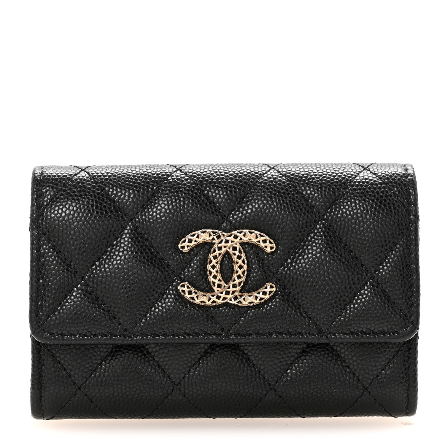Caviar Metal Perforated Quilted CC Flap Card Holder Black