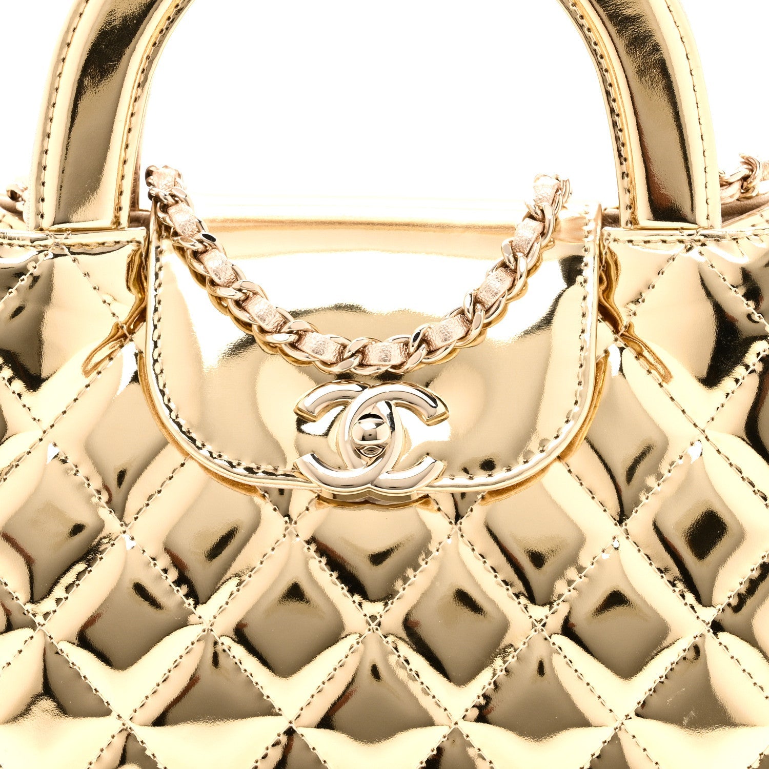Mirror Calfskin Metallic Calfskin Quilted Nano Kelly Shopper Gold