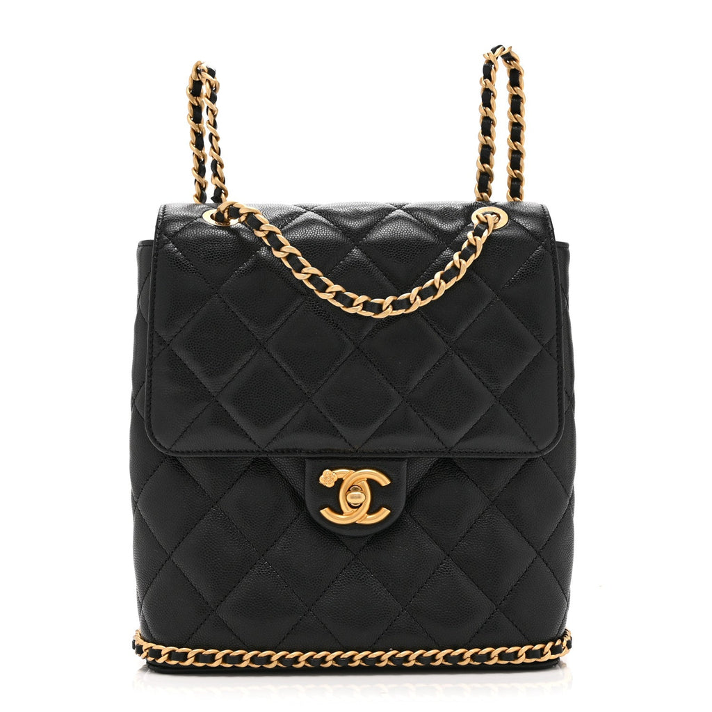 Caviar Quilted Camellia Chain Around Backpack Black
