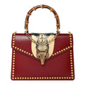 Glossy Calfskin Snakeskin Studded Fox Broche Bamboo Top Handle Bag Red