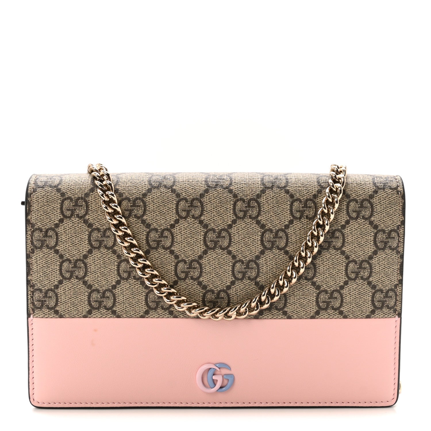 GG Supreme Monogram Textured Dollar Calfskin Mini GG Marmont Chain Wallet Light Pink Blue Beige