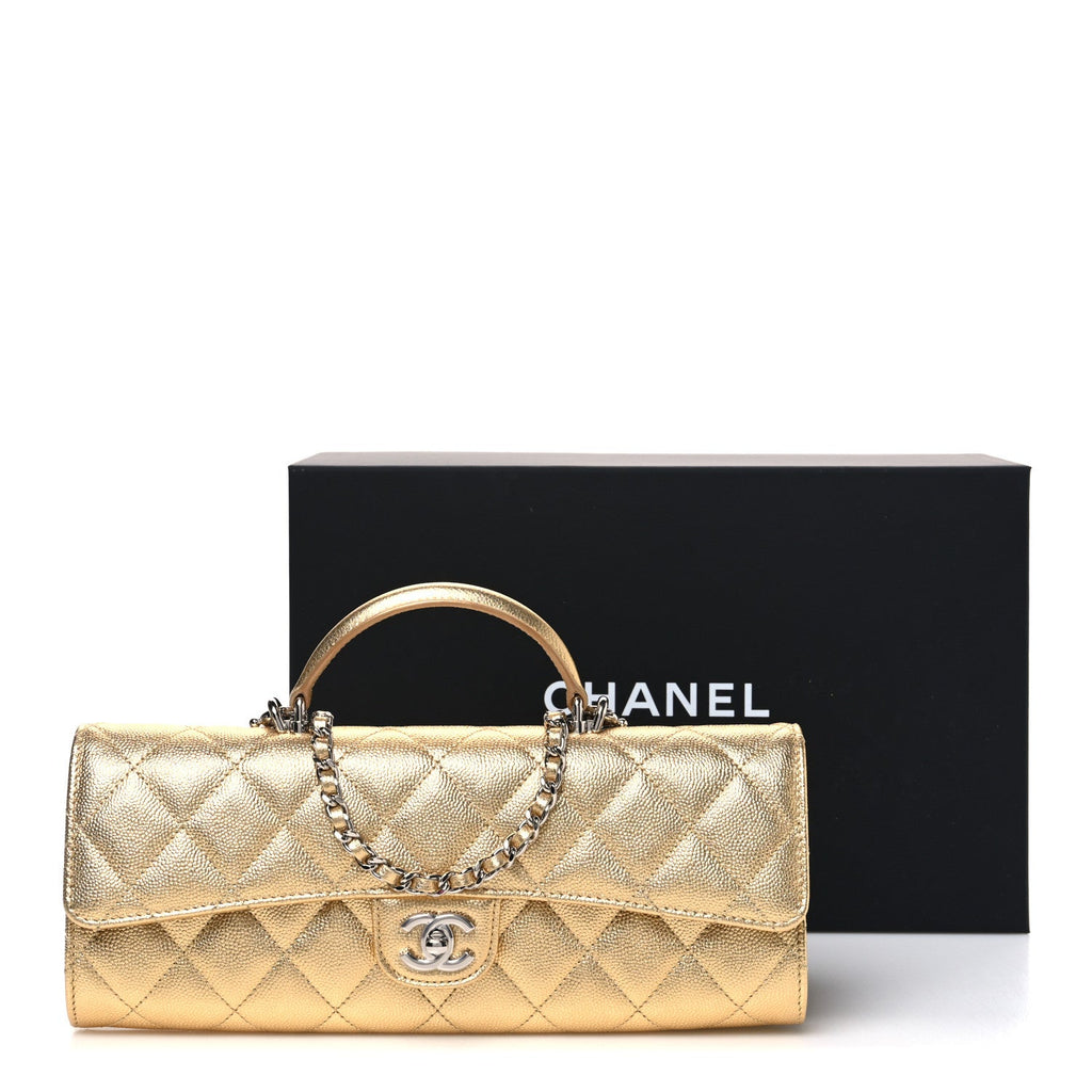 Metallic Caviar Quilted Top Handle Long Clutch With Chain Gold
